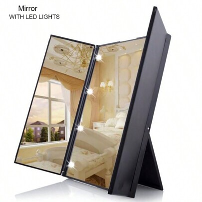 Specchio Da Trucco Pieghevole A Led Nero Alimentato A Batteria Con 8 Luci Per Specchio Da Toilette Portatile Da Ragazza, Design Da Tavolo/scrivanie Con Sensazione Di Alta Qualità Per Il Ripiano Della Casa, Il Bagno, Il Lavandino E Il Ripiano Viaggio Da Tavolo Delle Camere Da Letto, Regalo Per Donne