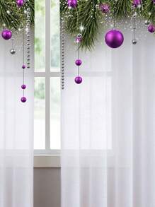 1pc Christmas Festival Purple Sheer Curtains With Printed Christmas Balls, Light Filtering And Privacy Protection - Multicolor - View 5