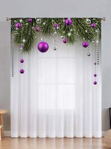 1pc Christmas Festival Purple Sheer Curtains With Printed Christmas Balls, Light Filtering And Privacy Protection - Multicolor - View 1