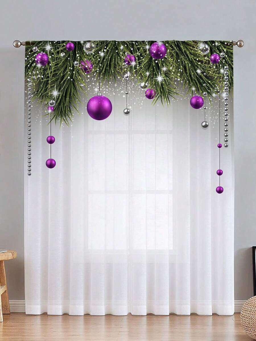 1pc Christmas Festival Purple Sheer Curtains With Printed Christmas Balls, Light Filtering And Privacy Protection - Multicolor - View 1