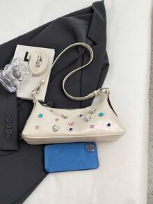 1片PU皮革帶彩色水鑽時髦簡約風新月包適用於女士們日常日期通勤