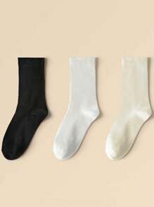 3pairs Women's Piling Up Ankle Socks, Black/White/Milky White, One Size, Couples Long Socks, Fall - Multicolor - View 3