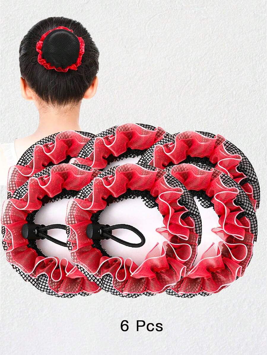 6pcs/set Elastic Drawstring Black Hair Nets For Ballet Dance, Bun Making And Performance Decoration - Burgundy - View 1