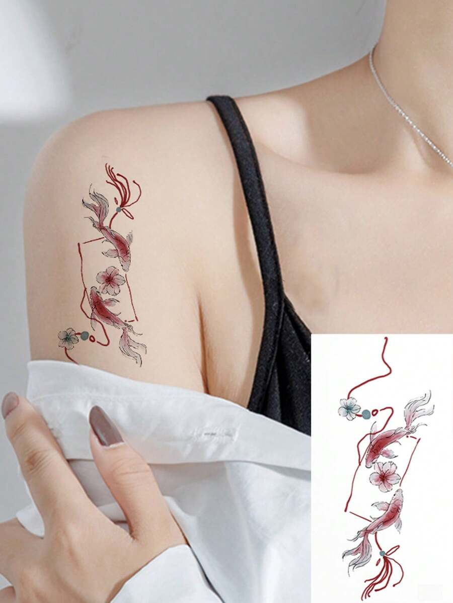 1張魚紋紋身貼紙,手部一次性臨時紋身,女男花卉假紋身,可愛防水即時紋身 - 黑色 - 查看 1