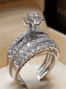 1pair Silver/white Gold Plated Eight Hearts & Eight Arrows Cut Cz Engagement/wedding Rings - Silver - View 5