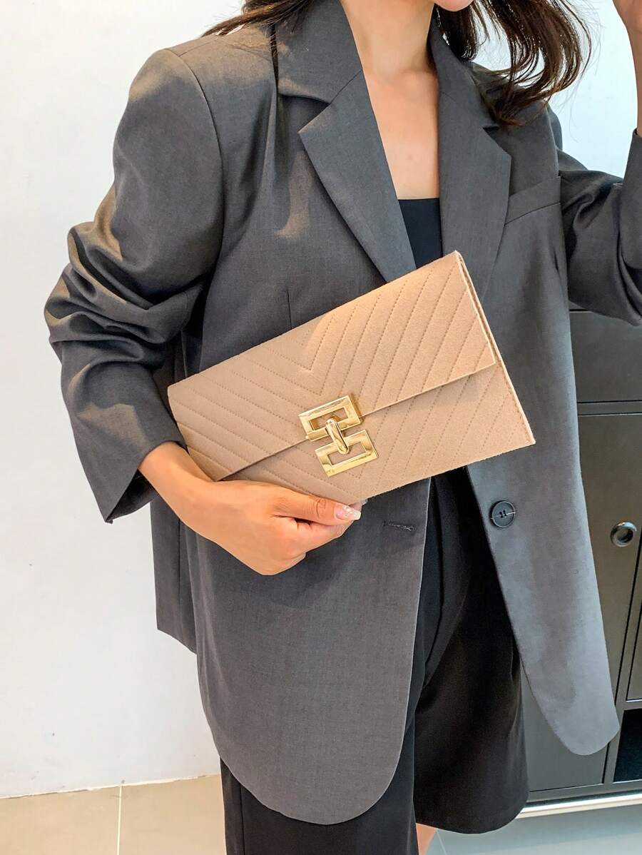 Luxury Dinner Bag, Evening Bag Glamorous, Elegant, Exquisite, Quiet Luxury Women's Fashionable V-shaped Embroidery Thread & Metallic Decor Flip Clutch Square Bag For Lady, Woman, For Party Girl, Bride Perfect for Party, Wedding, Prom, Dinner/Banquet, Dinner/Banquet, Best Gift For Women Mom Teacher Friend Bridesmaid - Khaki - View 1