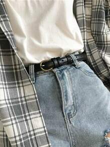 1pc Women's Vintage Design Versatile Thin Pu Leather Belt In Black/coffee - Black - View 1