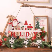 1pc Christmas Decoration Wooden Hanging Sign With Bell & Colorful Letter Print - Red - View 1