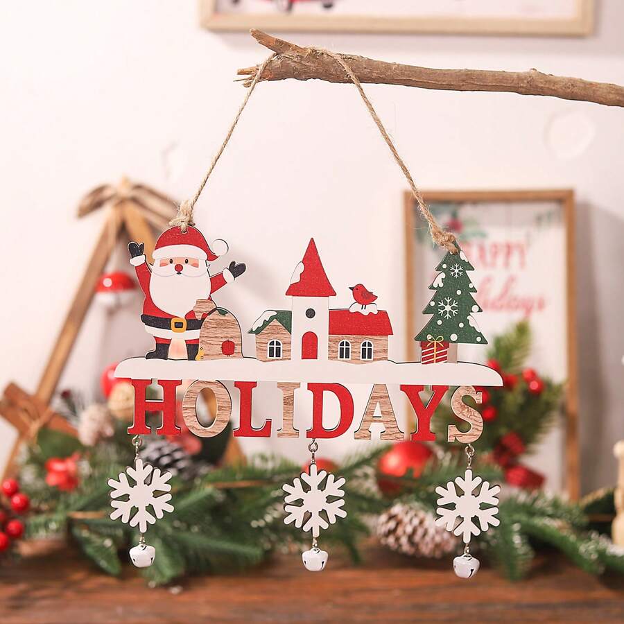 1pc Christmas Decoration Wooden Hanging Sign With Bell & Colorful Letter Print - Red - View 1