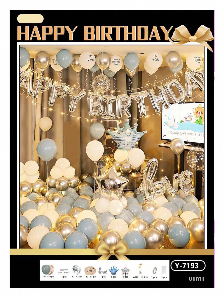 Set Of Metallic Balloons For Birthday Happy Birthday - Silver - View 1