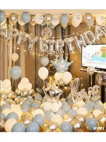 Set Of Metallic Balloons For Birthday Happy Birthday - Silver - View 2