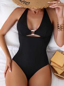 Hollow Ribbed Fabric Triangle One-Piece Swimsuit With Ring Detail Summer - Black - View 3