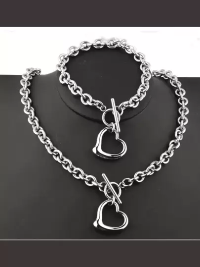 European And American Chunky Chain Necklace And Bracelet Set, Unique Hollow Out Heart Design, Unconventional Personalization Accessory Valentines,Mom,Mother,Mother's Day,Gift