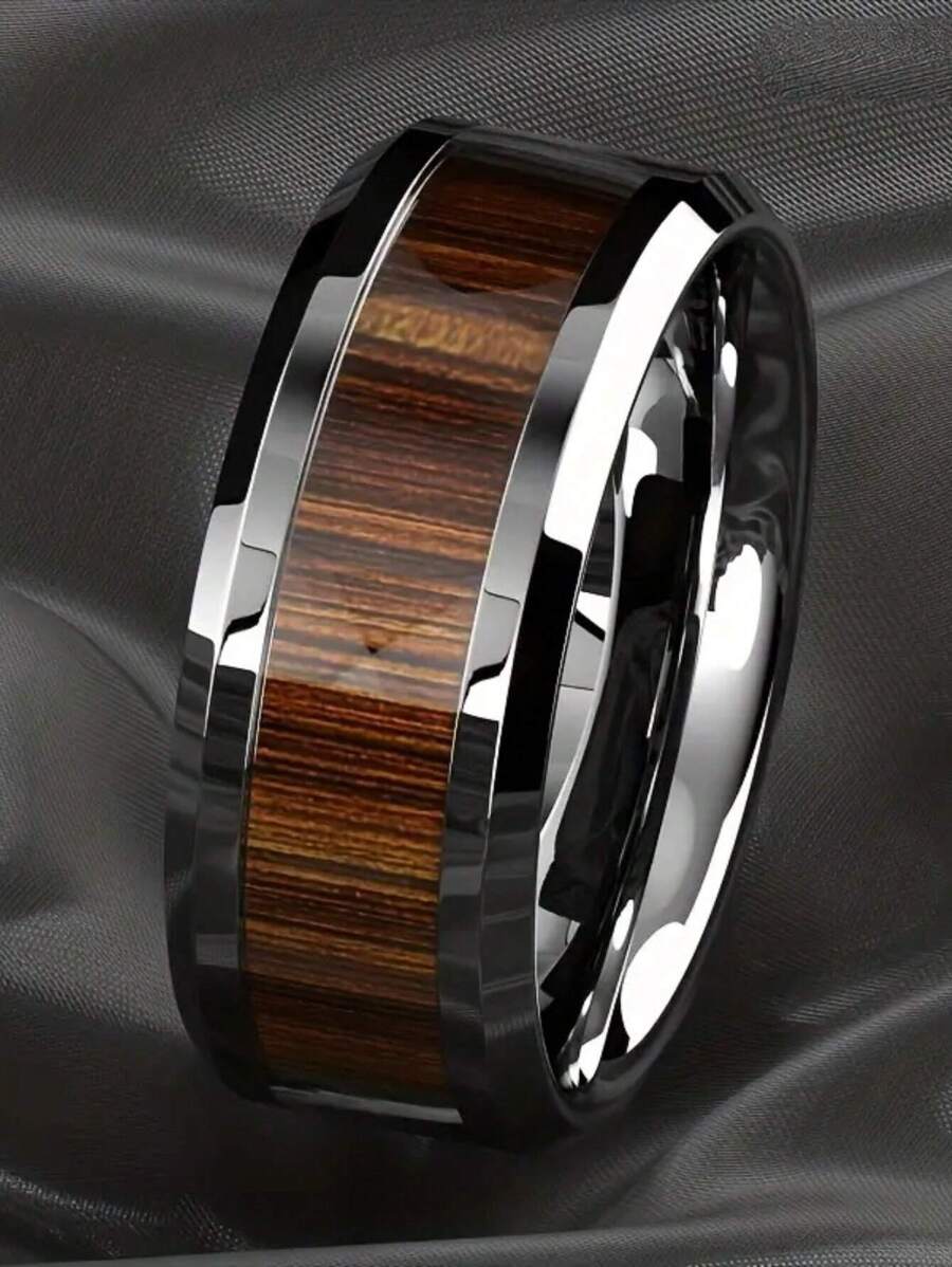8MM Wide Latest Luxurious Men's Fashionable Wood Grain Stainless Steel Ring For Birthday Parties Casual And Versatile Fashion Rings Domineering Men's Wedding Rings, Gifts For Fathers Boyfriends Good Friends Classic Pure Black Stainless Steel Men's Business Rings Jewelry