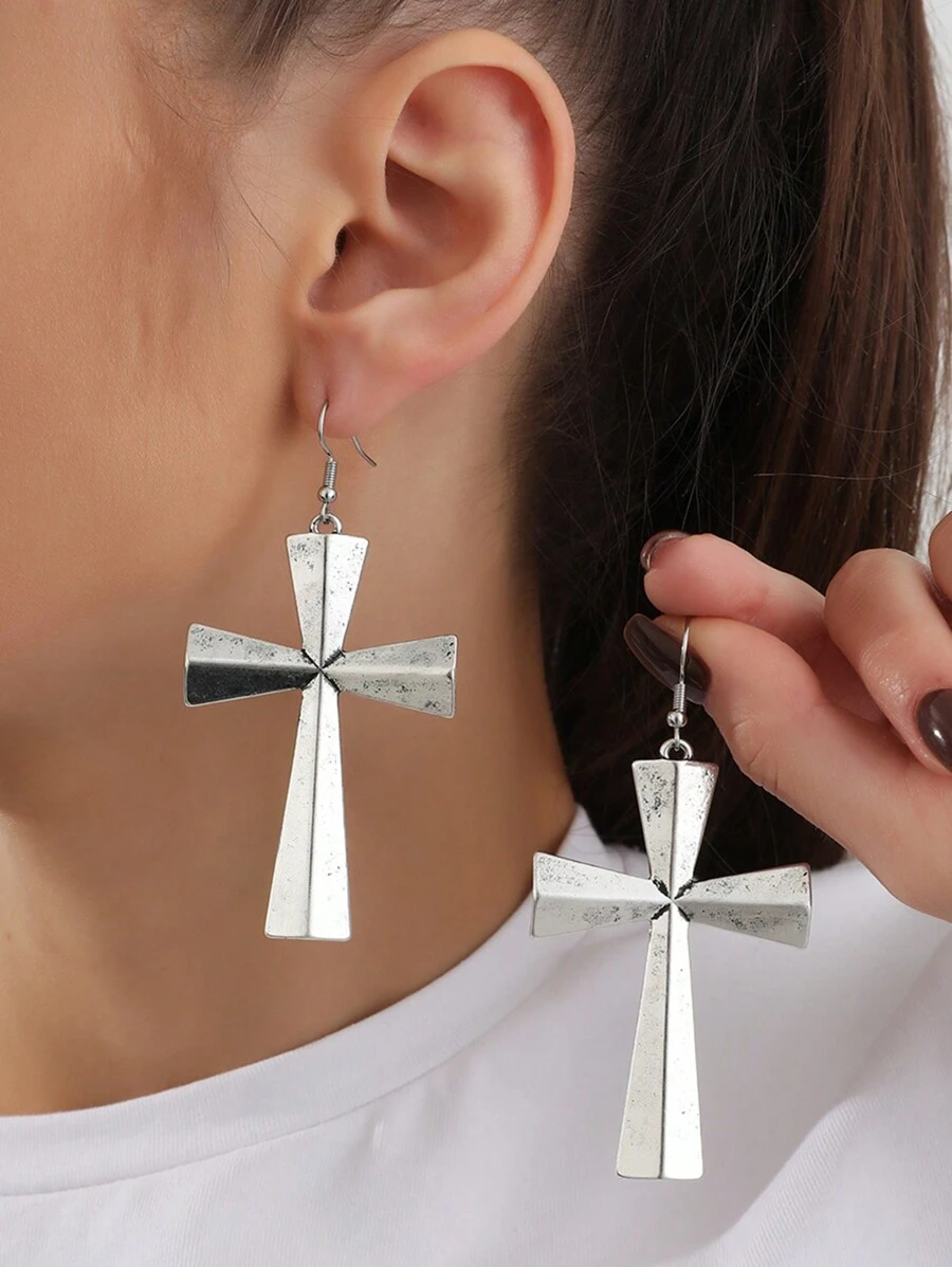 Cross Earrings - Antique Silver - View 1