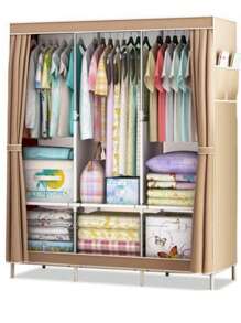 1pc Simple Clothes Storage Wardrobe With Dustproof Cover, Large Storage Closet With Steel Frame, Durable Clothes Storage Rack, Household Storage Organizer For Cabinet, Rental House, Bedroom, Home, Dorm, Entryway, Essential Bedroom Furniture - View 2