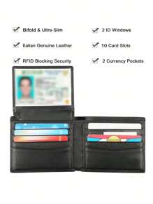 RFID屏蔽双折真皮钱包 - 双证件窗口，黑色礼品袋，男士钱包，小巧钱包，真皮 - 黑色 - 查看 6