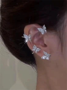 1pair Gold-color Butterfly Shaped Ear Cuff With Rhinestone Decoration, No Piercing Earrings - Gold - View 2