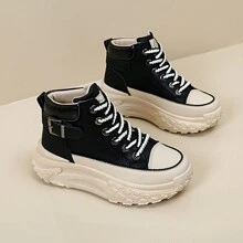 韓國風格時尚厚底爸爸鞋女款,新款休閒潮流設計,增高運動休閒鞋 - 黑色 - 查看 1