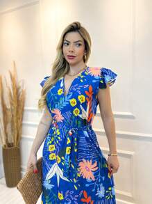 vestidos long de crepp estampa com mangan modelo novo feminina - Azul - Visão 4