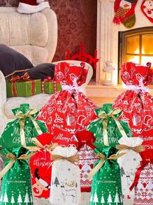 7个/套圣诞礼品袋，带抽绳，7种款式，圣诞礼品袋，圣诞糖果袋，圣诞派对回礼袋，糖果袋，带丝带封口 - 紅白色 - 查看 1