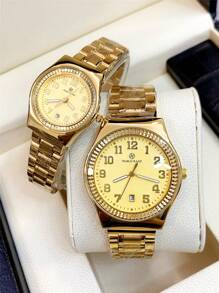 Pablo Raez 1 对优雅情侣手表，18k 金色不锈钢表壳，IPG 技术重型表带，奢华数字刻度，蝴蝶扣，防水，自动日历石英表，适合送礼、日常生活、工作，适合情侣、朋友、家人的高端礼物 - 金色 - 查看 2