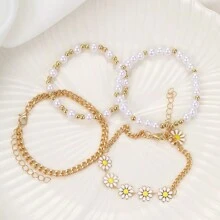 4入組女性珍珠雛菊和星星飾品手鐲套裝,適合青少年女孩飾品 - 彩色 - 查看 3