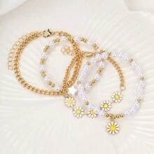 4入組女性珍珠雛菊和星星飾品手鐲套裝,適合青少年女孩飾品 - 彩色 - 查看 2