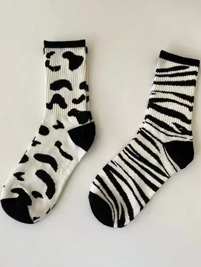 女士全年时尚百搭牛皮/斑马皮/波尔卡圆点图案学院风可爱过膝袜，秋季