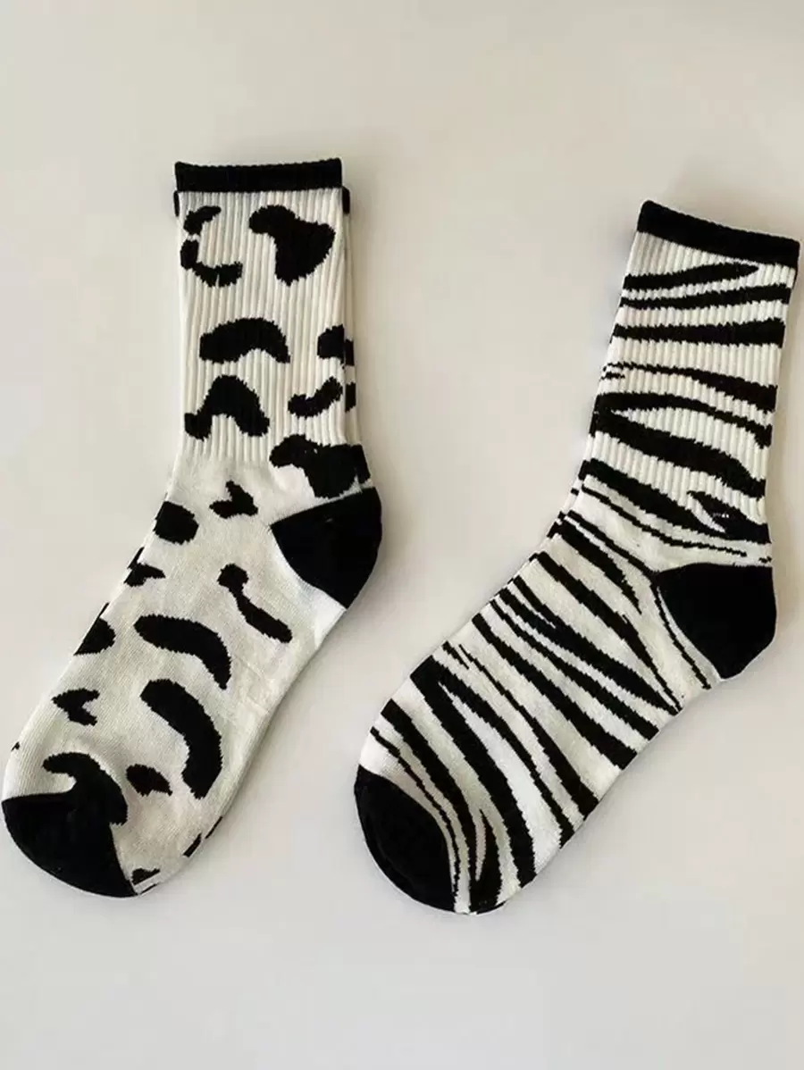 女士全年时尚百搭牛皮/斑马皮/波尔卡圆点图案学院风可爱过膝袜，秋季 - 彩色 - 查看 1