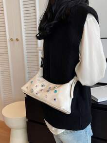 1片PU皮革帶彩色水鑽時髦簡約風新月包適用於女士們日常日期通勤