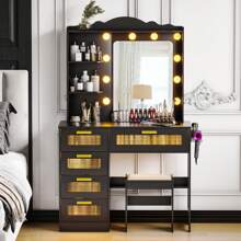 Lvifur LED Makeup Vanity Table with Charging Station,Vanity with AC Outlets & USB & Type-C Ports,4 Drawers,Hair Dryer Rack,Make Vanity Desk with 3 Color Light Bulbs Mirror via Touch Screen
