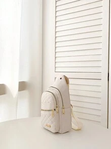 時尚網格圖案斜肩包胸包帶刺繡線適合女士