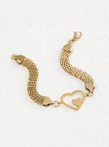 1入組可愛簡約風不銹鋼雙Love&網狀鏈條設計手環,可作為腳錬,合適的適用於女性日常穿著 - 金色 - 查看 3