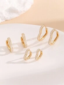 Hihho 6入組/套方晶鋯石愛心裝飾圓耳環 - 金黃色 - 查看 3