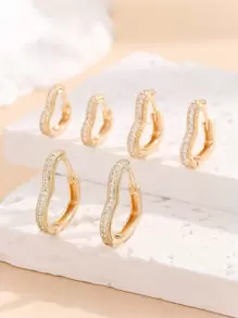 Hihho 6入組/套方晶鋯石愛心裝飾圓耳環 - 金黃色 - 查看 2