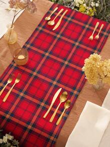 1入組紅色,金色,冰藍色和黑色格紋印花亞麻桌旗,適用於日常廚房,餐廳,桌面裝飾或櫥櫃蓋,現代風格 - 彩色 - 查看 1