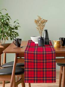 1入組紅色,金色,冰藍色和黑色格紋印花亞麻桌旗,適用於日常廚房,餐廳,桌面裝飾或櫥櫃蓋,現代風格 - 彩色 - 查看 4