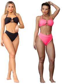 Women Bikini Sets - 黑色和粉紅色 - 查看 2