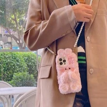 1pc Rabbit Design Plush Phone Case With Pearl Chain Compatible With iPhone, With A Hair Clip Included - Multicolor - View 1