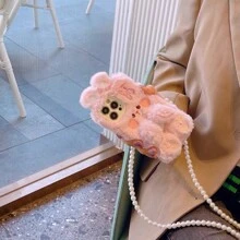 1pc Rabbit Design Plush Phone Case With Pearl Chain Compatible With iPhone, With A Hair Clip Included - Multicolor - View 2