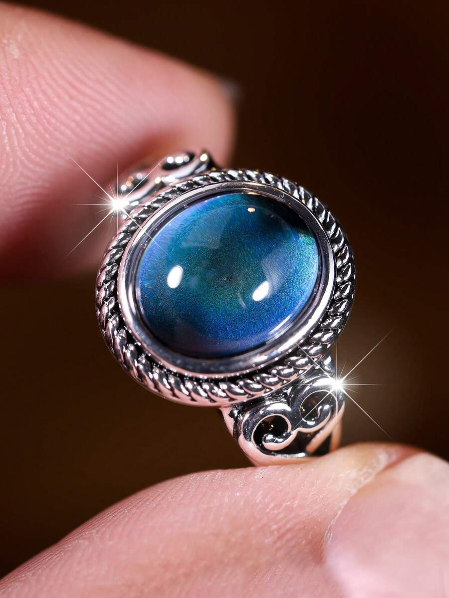 1個時尚簡約的人造藍色蛋形蛋石戒指作為優雅的禮物,適用於訂婚、婚禮、派對和其他場合 - 寶藍色 - 查看 1