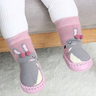 1pair Autumn Winter Thickened Baby Floor Socks With Anti-slip Particles And Plush Loop For Toddlers Learning To Walk