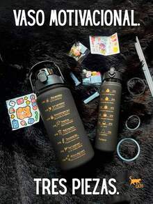 Trio Of Motivational Glasses, Kit Of 3 Bottles To Transport Water And Your Favorite Drinks, 3 Different Sizes: 2L, 900 Ml And 300 Ml With Stickers - 黑色 - 查看 2