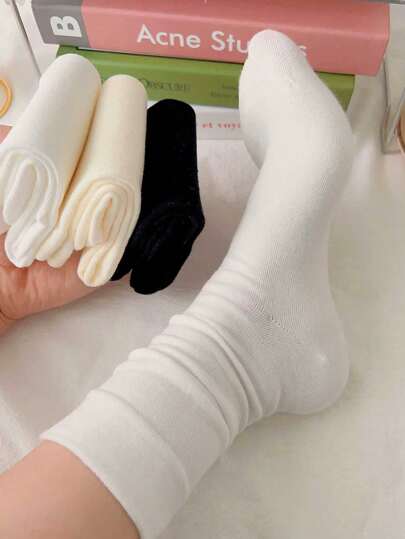 3pairs Women's Piling Up Ankle Socks, Black/white/milky White, One Size, Couples Long Socks