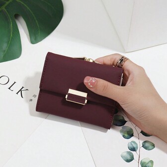 Cartera de mujer de unicolor, estilo corto, con hebilla, de triple pliegue y multifuncional, cartera de monedas para mujer, monedero pequeño