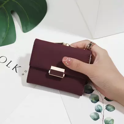 Cartera de mujer de unicolor, estilo corto, con hebilla, de triple pliegue y multifuncional, cartera de monedas para mujer, monedero pequeño