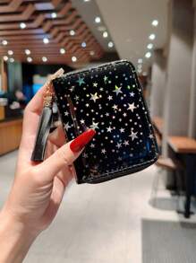1 pieza Billetera con tarjetero ultra delgada con patrón de estrella, estuche de tarjetas casual con bolsillo con cremallera para monedas y múltiples ranuras para tarjetas, regalo de aniversario, Día de San Valentín o cumpleaños para mujeres, cartera pequeña