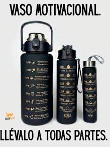 Trio Of Motivational Glasses, Kit Of 3 Bottles To Transport Water And Your Favorite Drinks, 3 Different Sizes: 2L, 900 Ml And 300 Ml With Stickers - 黑色 - 查看 4
