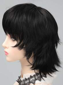 黑色合成假髮帶有瀏海短直髮卷髮,適用於女性化妝舞會、日常穿著,天然耐熱 - 黑色 - 查看 4